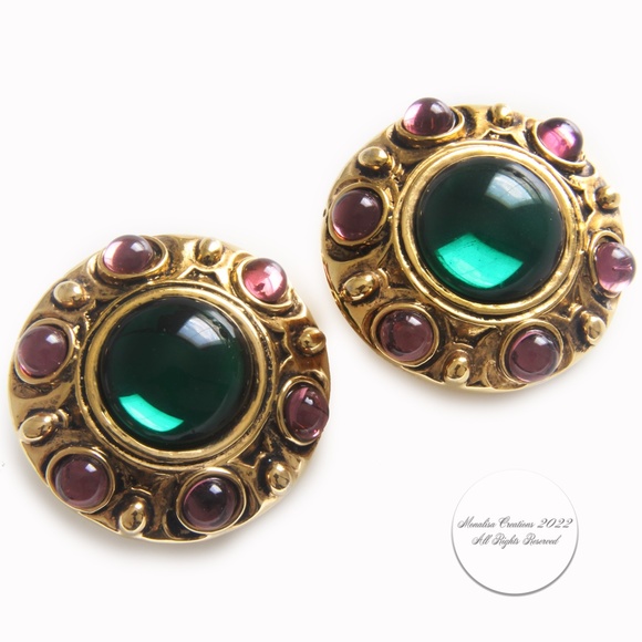 Denaive Paris Large Emerald Green Glass Cabochon Clip Style Earrings 1980s - Picture 2 of 11